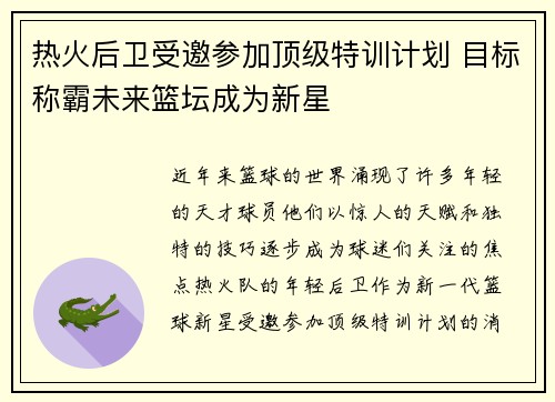 热火后卫受邀参加顶级特训计划 目标称霸未来篮坛成为新星