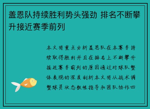 盖恩队持续胜利势头强劲 排名不断攀升接近赛季前列
