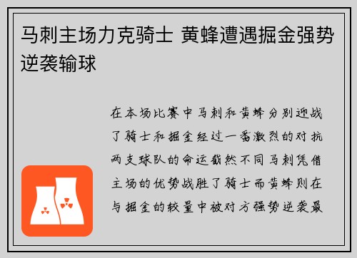 马刺主场力克骑士 黄蜂遭遇掘金强势逆袭输球