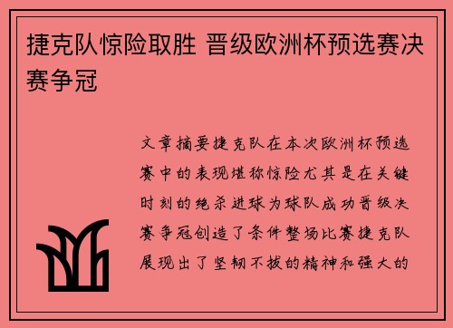 捷克队惊险取胜 晋级欧洲杯预选赛决赛争冠