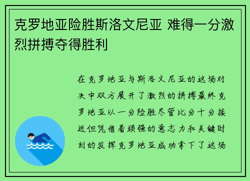 克罗地亚险胜斯洛文尼亚 难得一分激烈拼搏夺得胜利