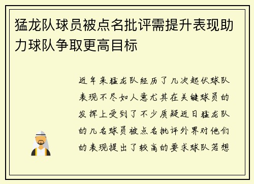 猛龙队球员被点名批评需提升表现助力球队争取更高目标