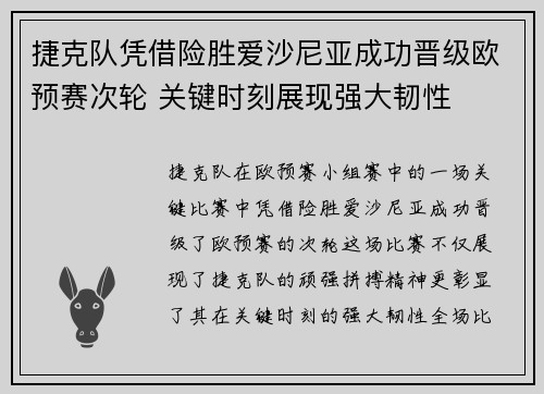 捷克队凭借险胜爱沙尼亚成功晋级欧预赛次轮 关键时刻展现强大韧性