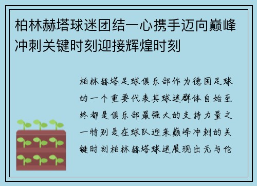 柏林赫塔球迷团结一心携手迈向巅峰冲刺关键时刻迎接辉煌时刻