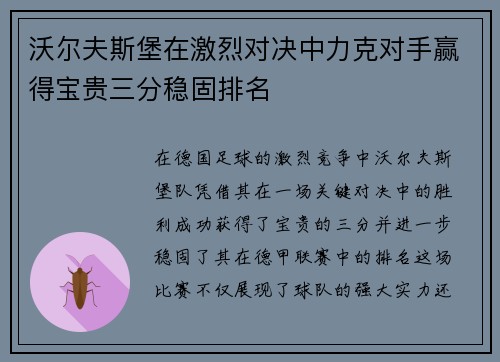 沃尔夫斯堡在激烈对决中力克对手赢得宝贵三分稳固排名